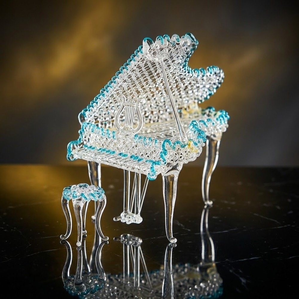 VTG 1970s Spun Glass Lampwork Baby Grand Piano & Stool Miniature Set Blue Trim